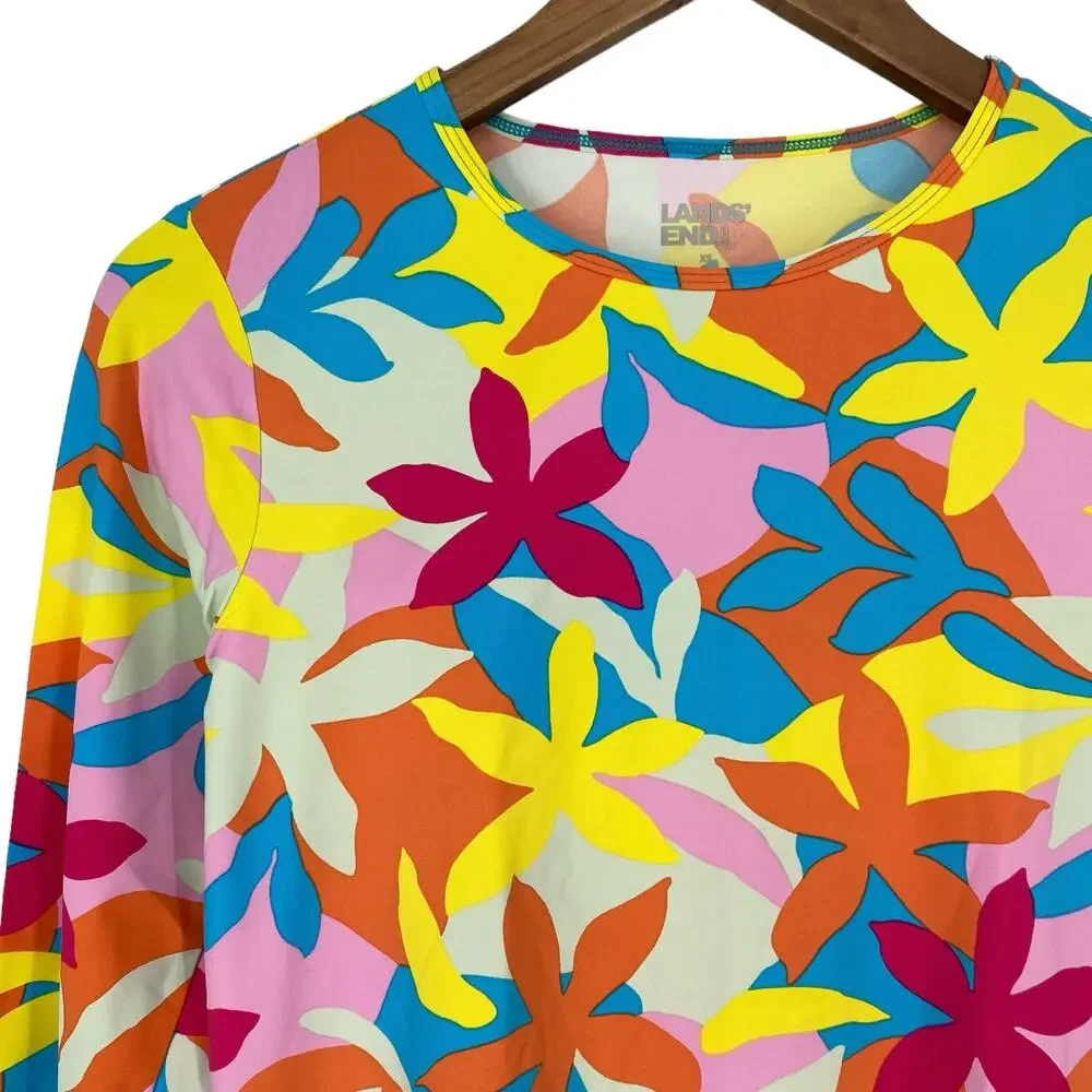 LANDS END NWT Multi Graphic Floral Cinched Waist Long Sleeve Rashguard Size XS